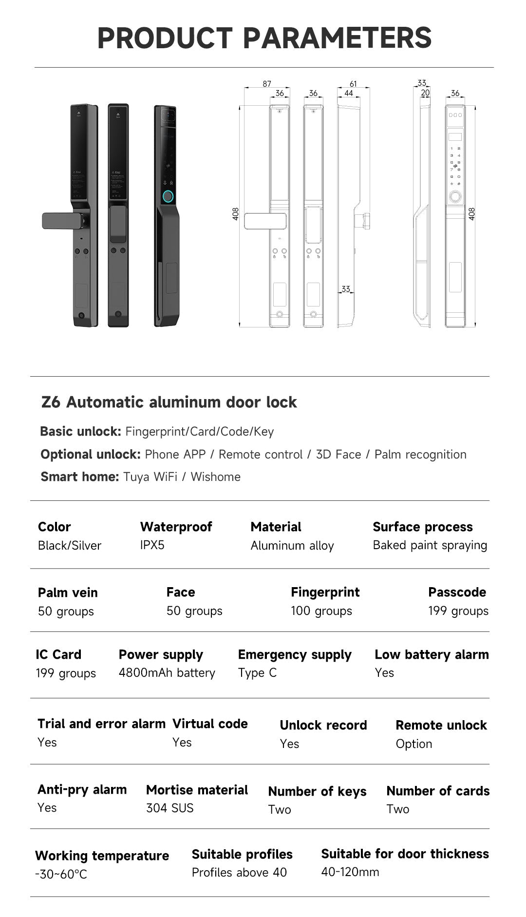 Tuya Wifi 3D Face Smart Door Lock SA-C101